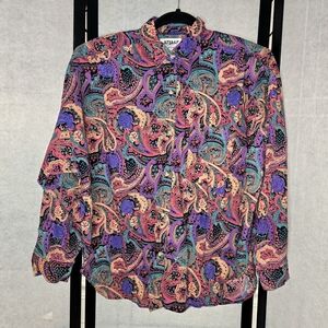 Vintage 90s Paisley Purple Multicolored Button Up Cotton Shirt Size Large Retro
